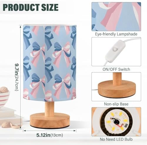 ALAZA Bedside Table Lamp Pink Bow Blue Pattern Lamp for Girls Boys Bedroom with USB Port LED Kids Nightstand Lamp Wood Base Desk Living Room Decor - Image 3