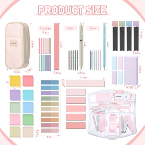Sinload 60 Pcs Aesthetic Book Annotation Kit School Supplies Cute Pencil Case Mini Stapler Set 12 Highlighter 5 Gel Pen 6 Pencil 5 Magnetic Bookmark 1220 Sticky Note Student Stationary(Pink) - Image 3