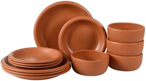 Bloomhouse - Two Time Oprah's Favorite Things Winner - Corsica Clay 12-Piece Stoneware Rustic Reactive Glaze Dinnerware Set - Stackable Plates Bowls Set Service for 4 - Matte Burnt Apricot Terracotta by Unknown