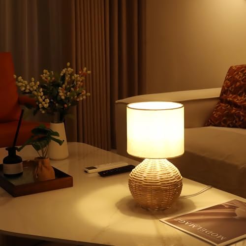 Rattan Table Lamp, Boho Farmhouse Style, Cotton Linen Lamp Shade, 6.2×6.2×11.8 Inch Small Table Lamp, with E12 LED Warm Light Bulb - Image 3