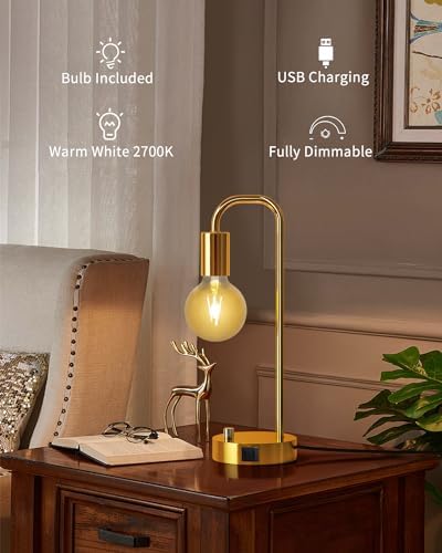 ONEWISH Industrial Table Lamp Set of 2 with USB A&C Charging Port, Stepless Dimmable Nightstand Bedside Lamps for Bedroom,Desk Lamps with 2700K Gold Gradient Bulb for Reading Living Room - Image 4