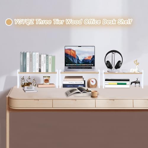 YGYQZ Desk Shelf Organizer for Top of Desk, 3-Tier Desktop Bookshelf, White & Wood - Image 3