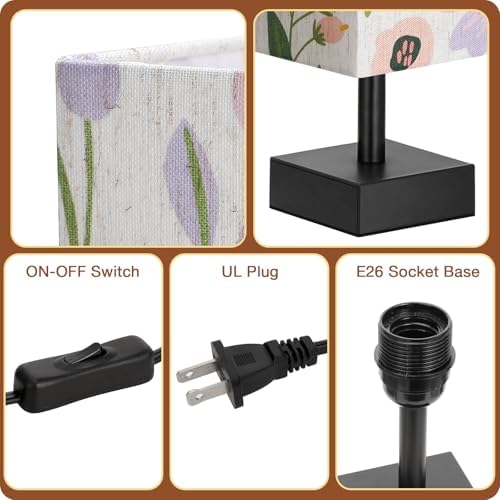 aooshine Small Bedside Table Lamp for Bedroom - Square Floral Fabric Shade - Image 6