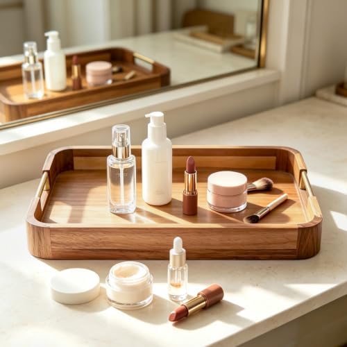 GinSent Wooden Serving Tray with Handles,Wooden Trays for Kitchen Counter Decorative Trays Wood Tray Coffee Table Tray for Living Room House Decor 16.7-INCH with 1.2cm Thickness Wood - Image 2