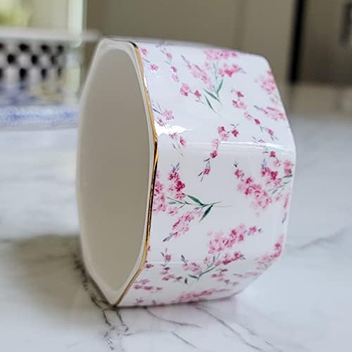 Ceramic Paper Clip Holder Gold Line Paper Clip Dispenser Organizer for Desk Cute Floral Pattern Office Binder Clip Holder Bobby Pin and Hair Clip Holder Gift for Office Pink Flowers - Image 3