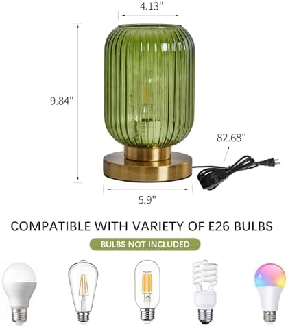 Green Glass Table Lamp,Vintage Gold Base Ribbed Bedside Lamp - Image 3