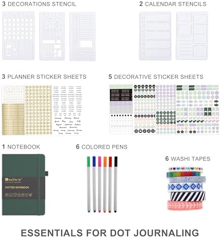 &And Per Se Junk Journal Kit, A5 Hardcover Dot Grid Journal Notebook Set for Beginners with Journaling Supplies Stencils, Stickers, Washi Tapes & Colored Pens Accessories (Green) - Image 5