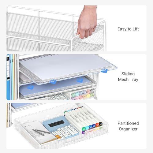 OPNICE Desk Organizer, 5-Tier Desktop File Organizer with Drawer and Pen Holders, Office Desk Accessories, File Sorters, Workspace Organizers for Office Supplies(White) - Image 4