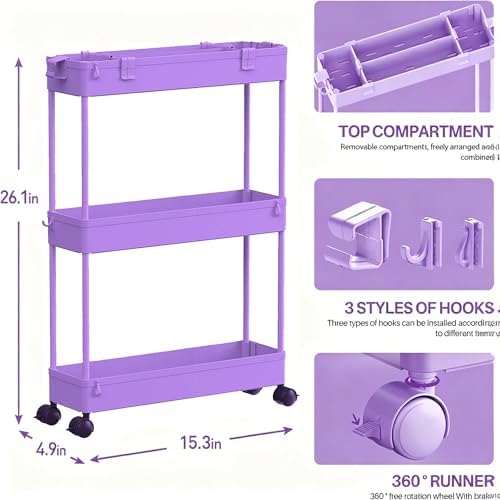 2 Pack 3 Tier Slim Storage Cart, Bathroom Rolling Utility Organizer - Image 2
