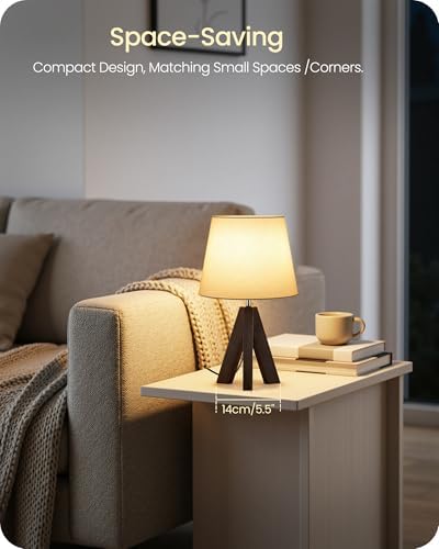 Small Table Lamp for Bedroom, 14.6" Bedside Lamp with White Linen Shade and Walnut Wood Tripod Base, Modern Nightstand Lamp for Living Room, Nursery, Entryway, E26 Socket, VW51TL05 - Image 2