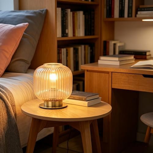 Ribbed Amber Glass Table Lamp, Mid Century Modern Nightstand Light with Gold Base, Plug-in Desk Lamp for Bedroom Living Room Office Study - Image 6