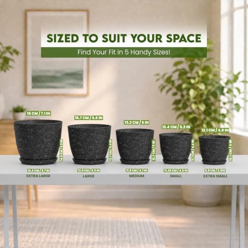Plant Pots Indoor with Drainage 5 Pack Multi-Size Planters Set Spotty Black - Image 2