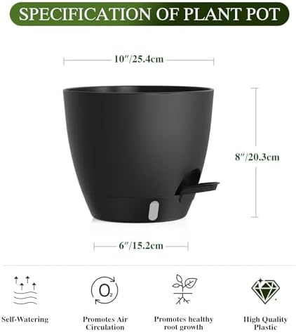 Self Watering Pots with Drainage Holes, 2 Pack 10 Inch Plant Pots with Water Level Indicator Deep Reservoir, Large Plastic Planter for Indoor Outdoor Plants - Black - Image 2