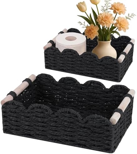iEGrow Paper Rope Small Storage Baskets for Organizing, Set of 2 Scalloped Edge Wicker Basket with Wooden Handles Toilet Paper Basket for Over Toilet Storage Shelf, Home Decor, Living Room (Black) by iEGrow