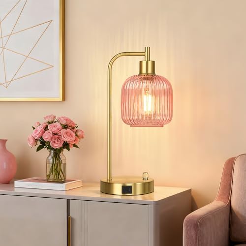 Pink Glass Table Lamps Set of 2, Dimmable Bedside Lamps for Living Room - Image 6