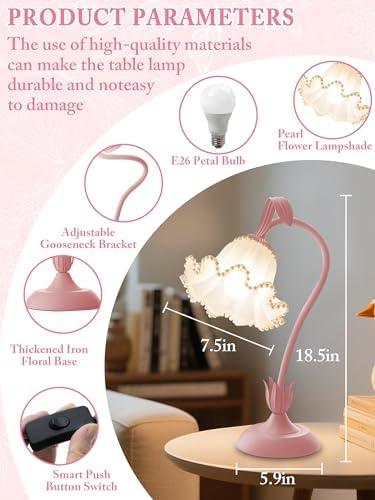 Flower Table Lamp LED Reading Light Vintage Night light (Pink Pearls) - Image 5