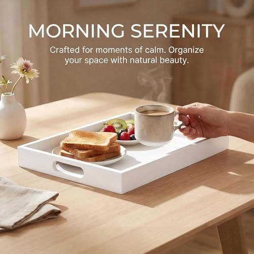 Krismax Wooden Serving Tray with Handles, Serving Platter 15.7x11.4 Inch Food Drinks Tray for Coffee Table,Decorative Storage Tray for Entertaining, Breakfast Tray in Bed,Lunch,Dinner,BBQ(White) - Image 4