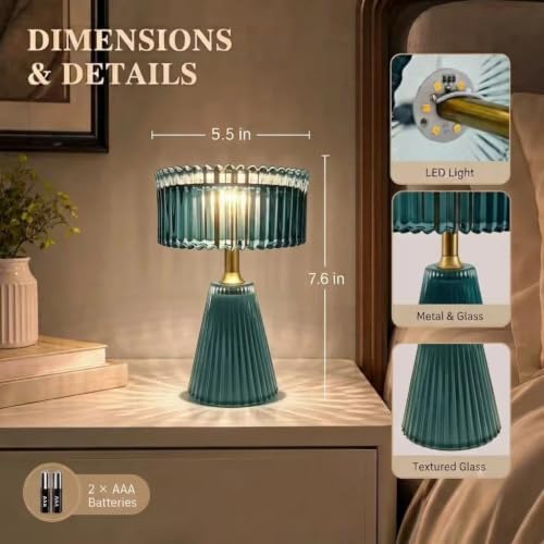 Cordless Glass Table Lamp - Small Battery Operated Lamp with 6H Timer, Vintage Fluted LED Battery Powered Lamps, Teal Glam Accent Nightstand Light for Bedroom, Bathroom, Patio (Teal+Small) - Image 2