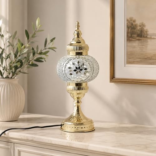 GOGERS Turkish Mosaic Table Lamp, Amber Glass Bedside Lamp with Gold Metal Base, E12 LED Bulb Included, Warm Ambient Decorative Lamp for Bedroom, Living Room, Nightstand, Home Decor Gift (White) - Image 4