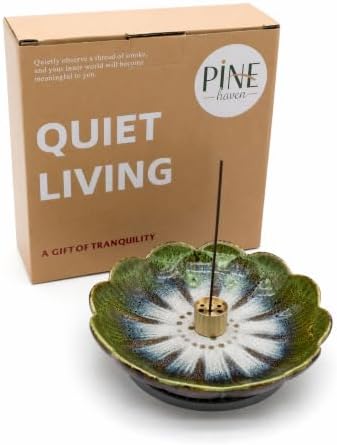 Pinehaven Ceramic Lotus Incense Holder – 5.5 Inch Hand-Sculpted Tray, Brass 9-Hole Insert for Sticks, Palo Santo, Sage & Cones – Japanese Zen Home Décor for Meditation (Green) - Image 4