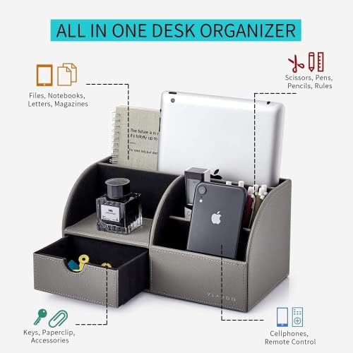VLANDO Office Desk Organizer Leather Desktop Organizer Caddy with Drawer for Storing Desktop Supplies and Accessories (Grey Set) - Image 2