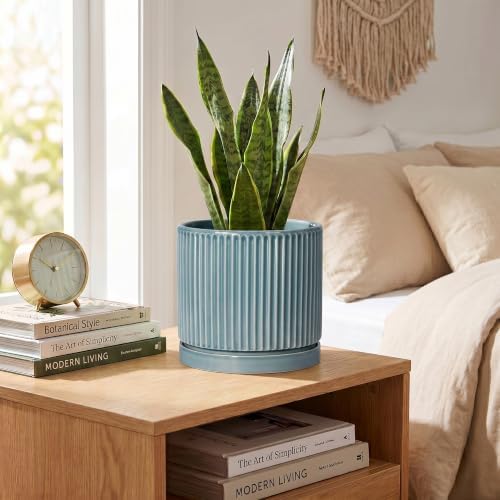 6 Inch Flower Pots, Ceramic Pots for Plants with Tray, Glaze Blue - Image 4
