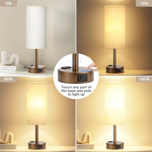 Fenmzee Brown Bedside Lamp for Bedroom, Dimmable Touch, USB A+C, AC Outlet - Image 3