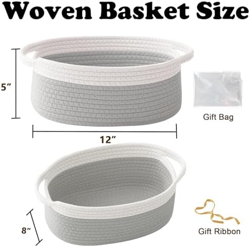 Woven Rope Basket - Baby Gift Basket with Bag & Ribbon, White&Grey - Image 2