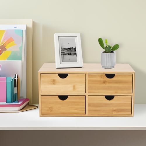Small Desk Drawer Organizer, Bamboo Mini Desktop Drawer, Wood Tabletop Storage Organizer Box for Office Home Dormitory Toiletries Cosmetics Supplies, No Assembly Required (4 Drawers) - Image 2