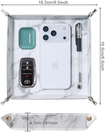 Valet Tray Desktop Storage Organizer – Premium PU Leather Catchall Bedside Vanity Tray Nightstand Caddy Holder for Remote Controller, Keys, Phone, Wallet, Coin, Jewelry,Marble White - Image 2