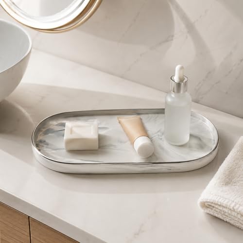 9.6" x 4.3" Oval Ceramic Vanity Tray, Light Gray Marble Bathroom Tray, Decorative Countertop Organizer for Cosmetics, Perfume, Jewelry, Candles, Kitchen Sink Soap Tray - Image 3