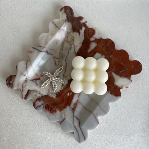 Vintage Natural Marble Tray Small Ornaments Scalloped Tray Handmade Storage Dish for Counter, Vanity, Dresser, Nightstand and Desk (Calacatta Red) - Image 5