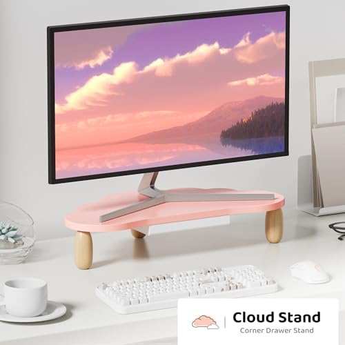 AFOOYO Monitor Stand Riser,Cloud-Shaped Sturdy Wood 16.5In Computer Monitor Riser Wirh Drawer, Multi-Purpose Desktop Organizer Riser for Computer,Laptop,Printer,TV,Pink - Image 2