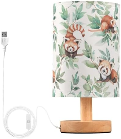 Fustylead Cute Red Panda Green Leaves Bedside Table Lamps with USB Port for Bedroom Lamp Accent Table Lamp Small Nightstand Lamp Sturdy Linen Shade Wooden Decorative Lamps for Home|Kids|Holiday by Fustylead