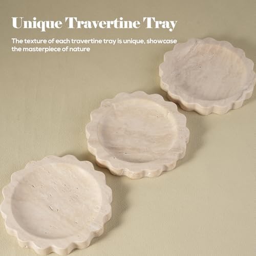 Koville 5.51" Travertine Tray, Natural Stone Trinket Dish for Ring Perfume, Round Scalloped Decorative Tray for Bathroom Vanity Dresser Countertop, Home Table Decor - Image 5