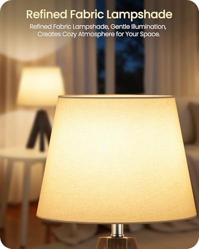 Small Table Lamp for Bedroom, 14.6" Bedside Lamp with White Linen Shade and Walnut Wood Tripod Base, Modern Nightstand Lamp for Living Room, Nursery, Entryway, E26 Socket, VW51TL05 - Image 6