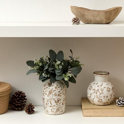 SIDUCAL Ceramic Vintage Vase, 7 Inch Retro Ice Cracked Chinoiserie Floral Vase, Rustic Farmhouse Vases for Home Decor, Bookshelf, Office, Garden, Chinoiserie Decor, Tuscan Decor, Brown Floral Pattern - Image 4