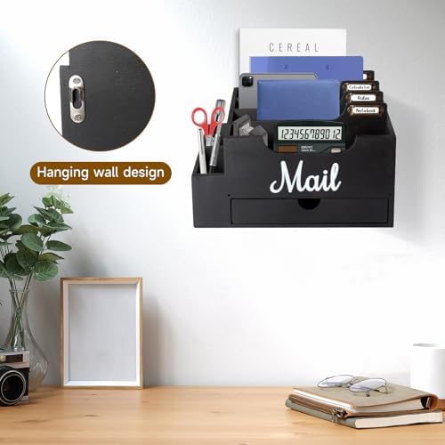 Wood Mail Organizer Countertop, with 6 Compartments and Drawer - Image 5