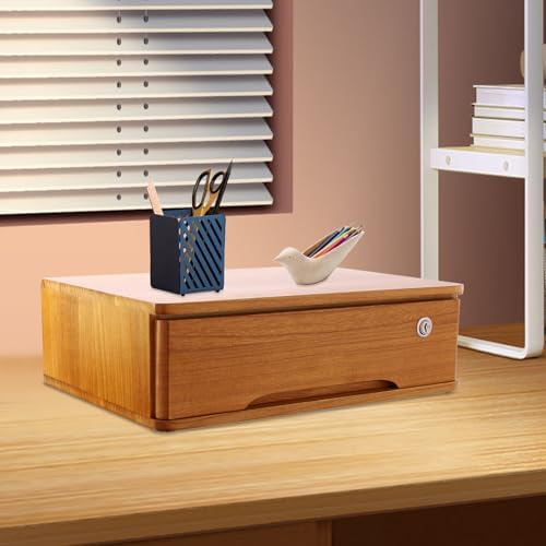 1-Tier Desktop Storage Box with Lockable Drawer, Wooden Desk Organizer for Office Supplies, Flat File Cabinet, Minimalist Design for Home & Office Use(Wooden+Yellow) - Image 2