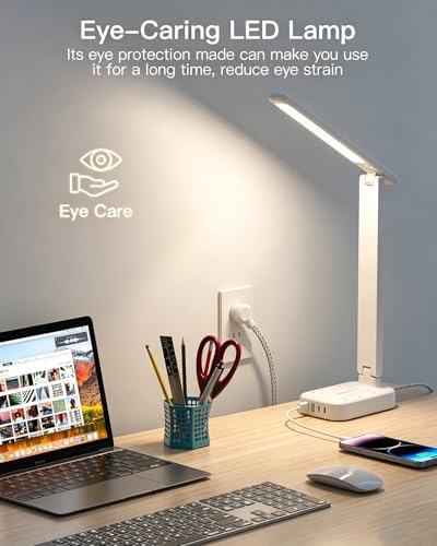 LED Desk Lamp, 10Ft Power Strip with 3 Outlets 4 USB Ports(2 USB C), White - Image 4
