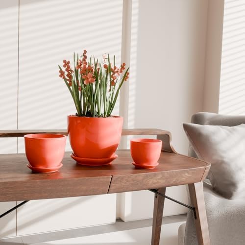 Ceramic Plant Pots Set of 3，Red Flower Pots with Drainage Holes and Saucers - Image 3