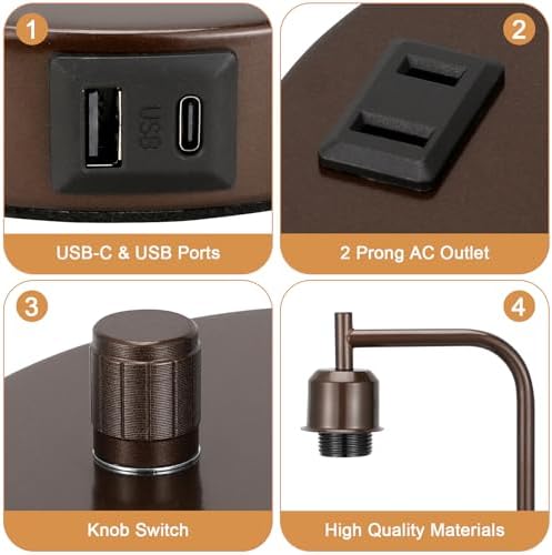 Innqoo Brown Industrial Bedside Table Lamp for Bedroom - Nightstand Lamps with USB C Charging Port, Fully Dimmable Black Ports and Outlets, Small Desk Glass Shade Office Living Room - Image 4
