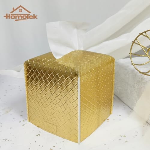 HOMOTEK 2 Pack Tissue Box Cover, Square PU Leather Tissue Holder, Decorative Facial Tissue Cube Paper Organizer Dispenser for Bathroom, Night Stands, Desk, Car 5X5X5'' - Woven Waffle, Brass - Image 3