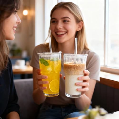 Glass Cups with Lids and Straws, 20oz Ribbed Glass Tumbler for Iced Coffee, Clear Drinking Glass with Reusable Glass Straw, Leak-Resistant Lid, Fit for Cup Holder, Dishwasher Safe - Image 6