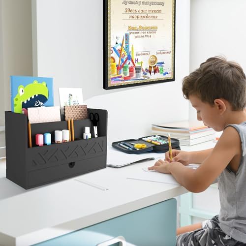 Wisuce Bamboo Mail Organizer with Drawer, Countertop Desk Organizer(Black) - Image 6