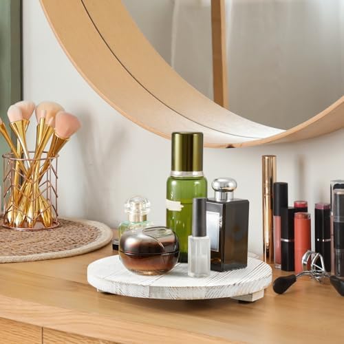 Small Round Decorative Tray White Washed Wood Bathroom Counter Organizer Pedestal Stand Farmhouse Kitchen Decor Wooden Riser for Soap Dish, Perfume, Candle, Sponge, 9" - Image 3