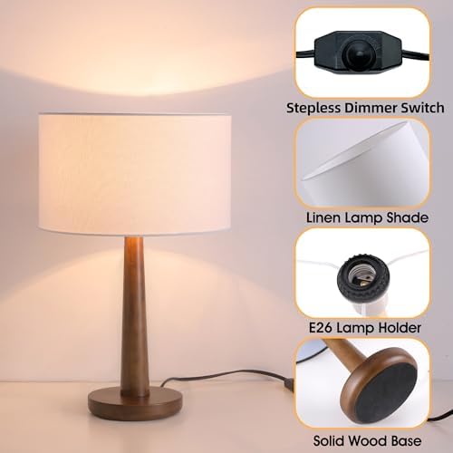 18.5" Modern Dimmable Walnut Wood Table Lamp with Linen Shade, White - Image 3