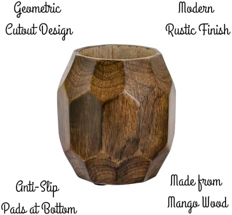 Mie Creations Geometric Wooden Pencil Holder for Desk Table | Wood Pen Cup Stand for Office, Cute Desktop Organizer for Makeup Brushes, Stationery Decor | Rustic Christmas Holiday Gifts- Brown 4'' - Image 3