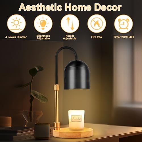 Candle Warmer Lamp with Timer,Electric Candle Warmer with Dimmer Adjustable Height, Electric Wax Melt Warmer for Scented Jar Candles Vintage Home Decor,2/4/8H Timer 2 Bulbs, Black, SKTL-3001 - Image 4