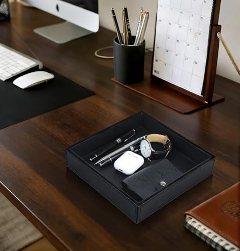 HofferRuffer Faux Leather Vanity Tray, Elegant Desktop Storage Organizer, Decorative Catchall for Perfume, Bathroom Valet, Nightstand or Dresser, 8 x 8 x 1.8 inches (Black) - Image 6